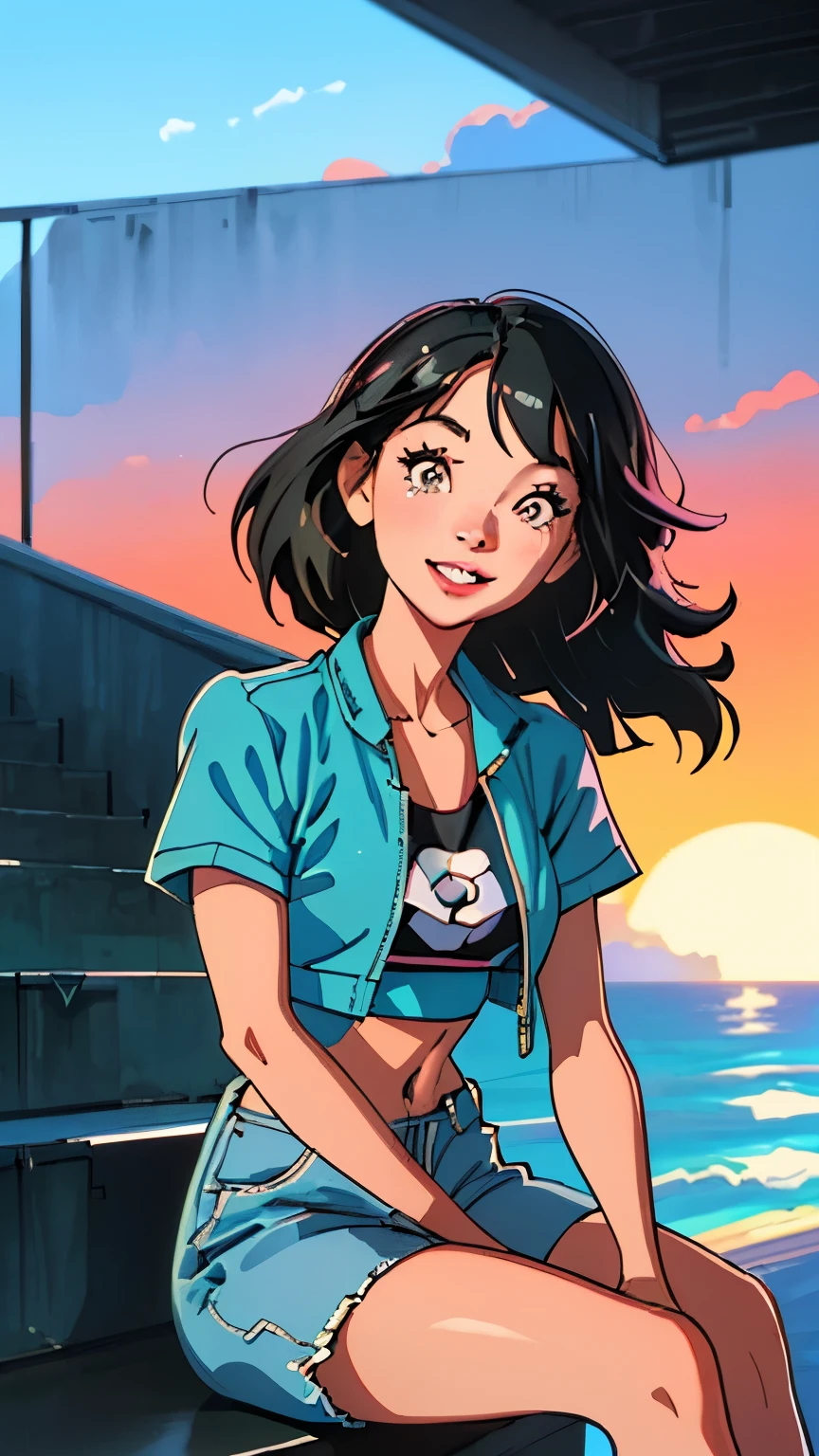 highest quality, masterpiece), 1 Girl, 1980s \(style\)美しいsmile,Gazing at the audience, \(style\)Upper Body,pin up ,　 \(style\)smile, Laughter, Happy, Ocean, Black Hair, Wavy Hair,short bangs trimmed, Bob Hair, \(style\), Sitting on the stairs,\(style\), citypop, lofi,\(style\),1980s fashion,casual,1980s fashion, Crop top, \(style\)sunset,sunset,cloud, Splash, Wave, sun,