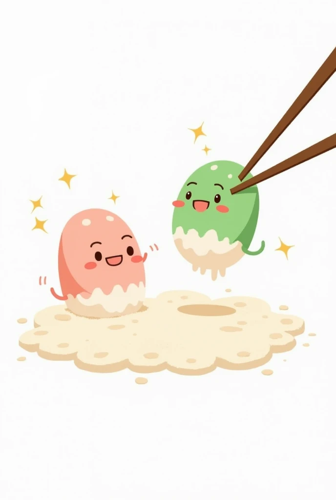 (Cartoon shaped image) two pink and green mochi coated in white flour with chopsticks, background putih.