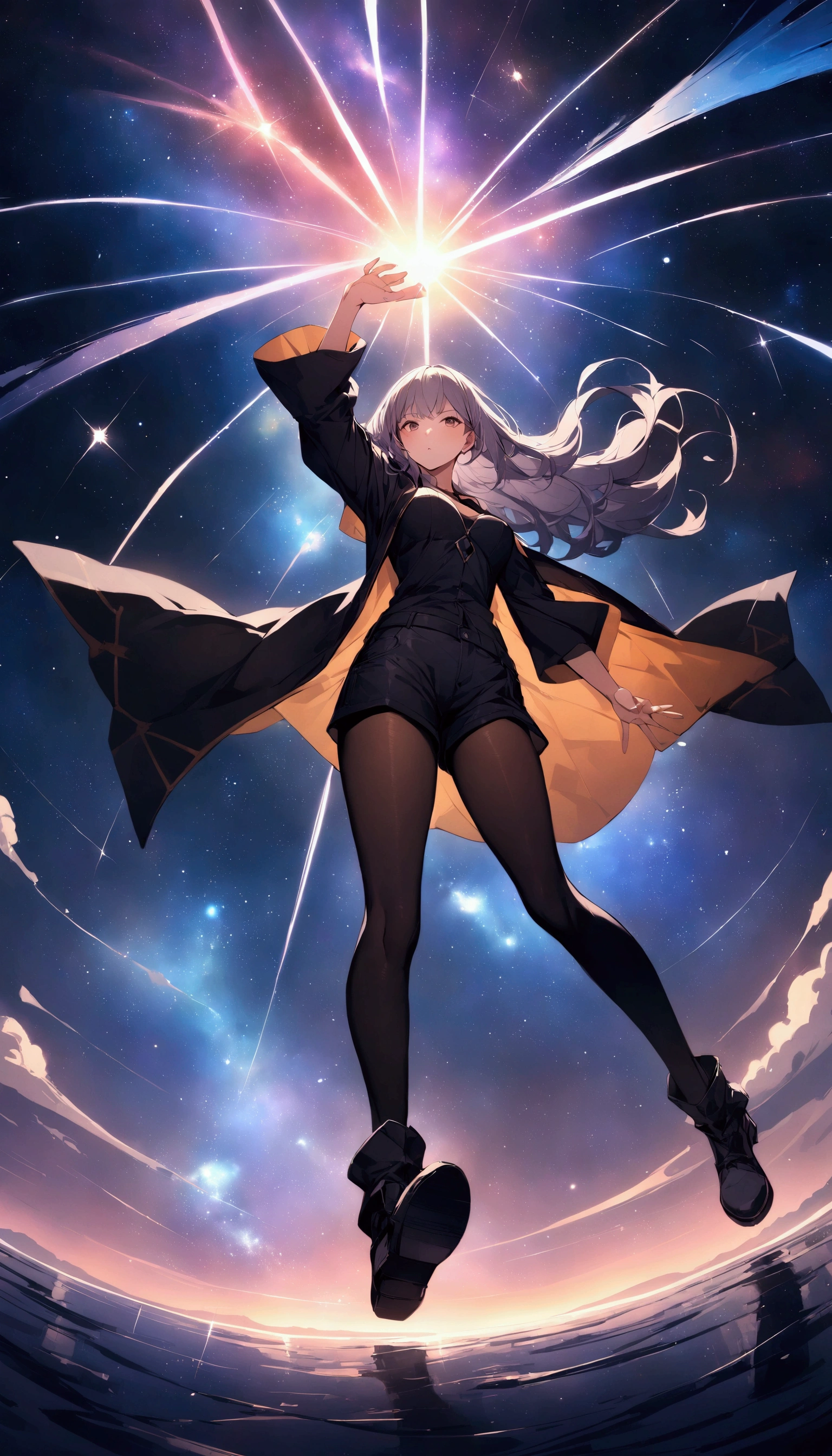 {{Magic attack stance}},Raise one arm,{{action}},from below,wide shot,{{masterpiece}}, {{{Highest quality}}},{{Very detailed}},full body, dutch angle,Dynamic composition, Female Wizard,Raise your one hand and cast the magic、shorts, Black pantyhose Sea of stars Starry sky background,nebula,universe space,
