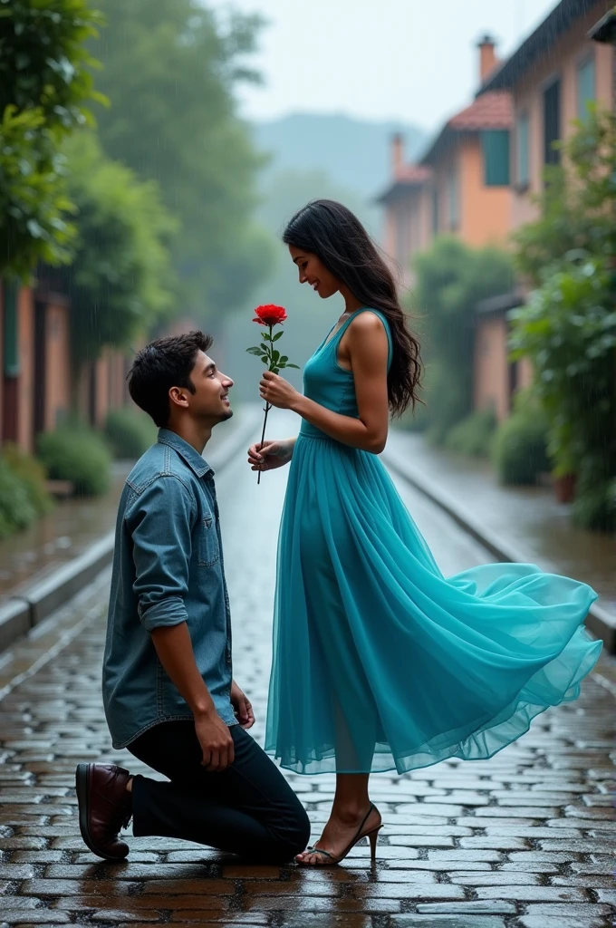 The image shows a young man kneeling on the ground in front of a young woman who is holding a red rose. The woman is wearing a blue dress and has long dark hair. She is standing on a street with houses and trees in the background. The sky is cloudy and it appears to be raining. The man is holding the rose in his hand and is looking at the woman with a smile on his face. The image has a dreamy and romantic feel to it.