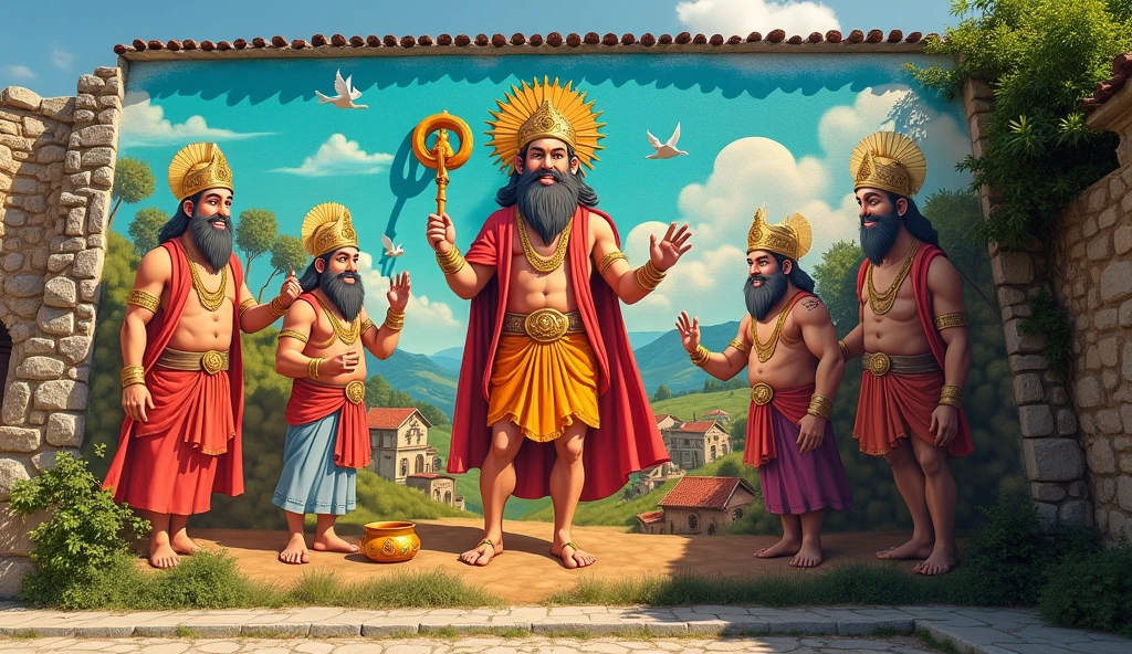 In 3D animation style:A mural on a wall** of the village, depicting the journey of Ramū from arrogance to humility.