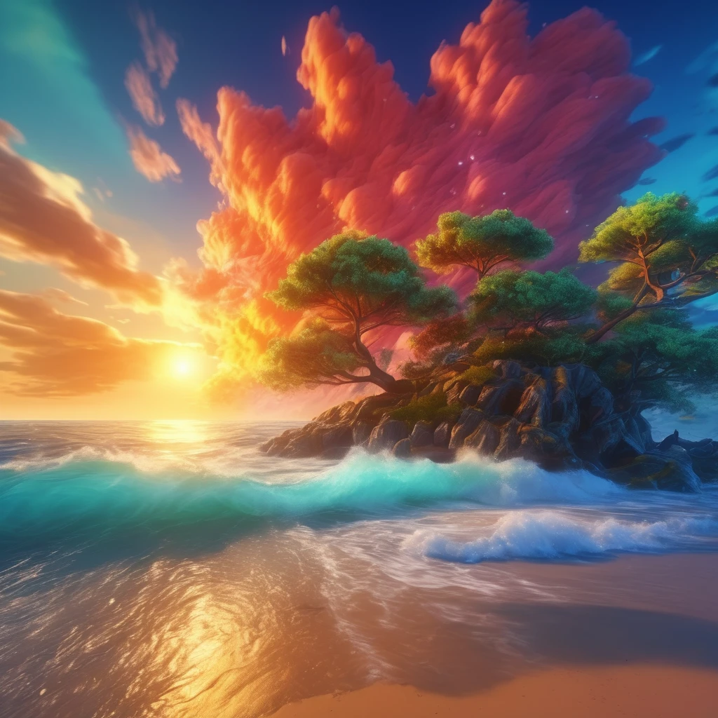 Colorful, sun rise, sea, stylized rendering, non-photo-realistic rendering, paint, volumetric cloud, small and natural wave with bubble, dream, Do not include tree and beach. colorful, colorful sky with a bright orange and blue nebula, twisted clouds, magic, (best quality,4k,8k,highres,masterpiece:1.2), ultra-detailed, studio lighting, ultra-fine painting, sharp focus, physically-based rendering, extreme detail description, professional, vivid colors, fantasy, Anime style, ImgFixerPre0.3