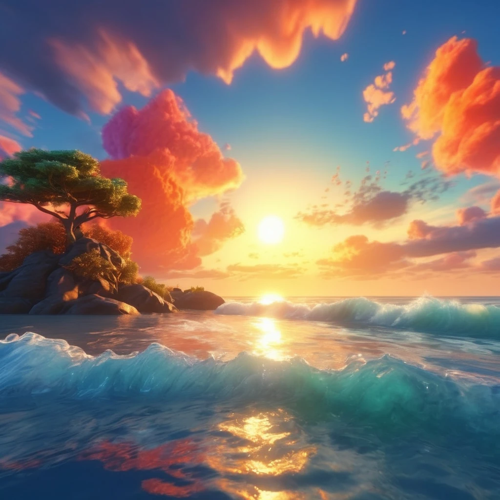 Colorful, sun rise, sea, stylized rendering, non-photo-realistic rendering, paint, volumetric cloud, small and natural wave with bubble, dream, Do not include tree and beach. colorful, colorful sky with a bright orange and blue nebula, twisted clouds, magic, (best quality,4k,8k,highres,masterpiece:1.2), ultra-detailed, studio lighting, ultra-fine painting, sharp focus, physically-based rendering, extreme detail description, professional, vivid colors, fantasy, Anime style, ImgFixerPre0.3