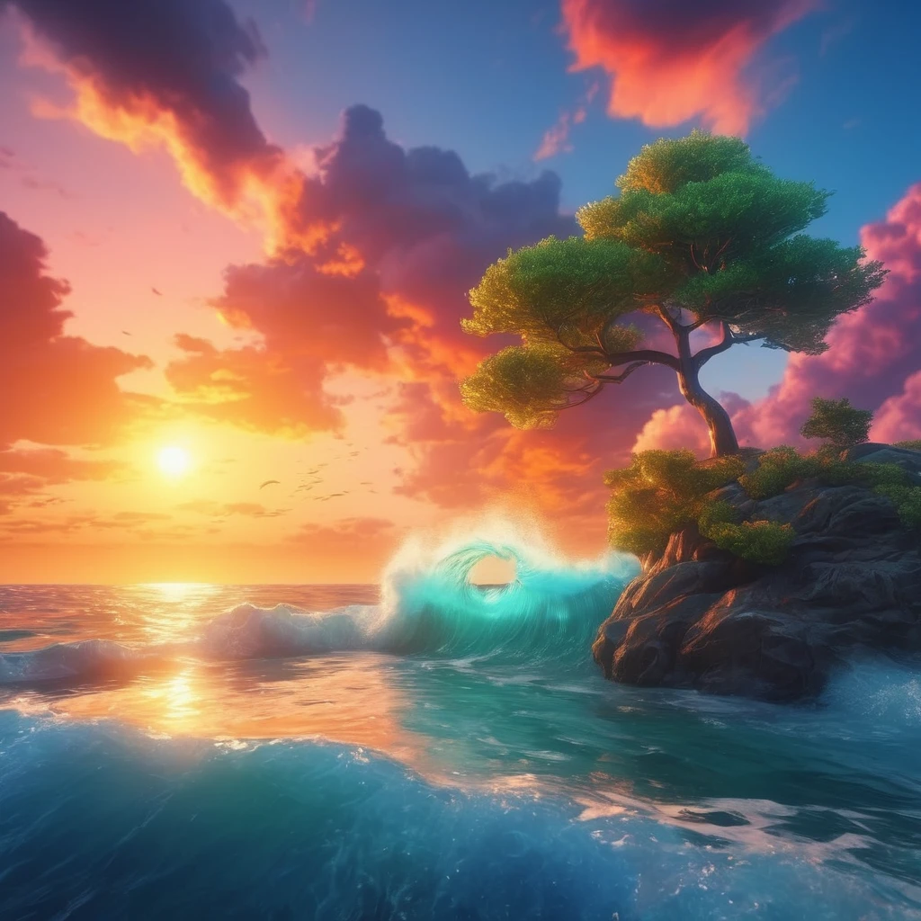 Colorful, sun rise, sea, stylized rendering, non-photo-realistic rendering, paint, volumetric cloud, small and natural wave with bubble, dream, Do not include tree and beach. colorful, colorful sky with a bright orange and blue nebula, twisted clouds, magic, (best quality,4k,8k,highres,masterpiece:1.2), ultra-detailed, studio lighting, ultra-fine painting, sharp focus, physically-based rendering, extreme detail description, professional, vivid colors, fantasy, Anime style, ImgFixerPre0.3