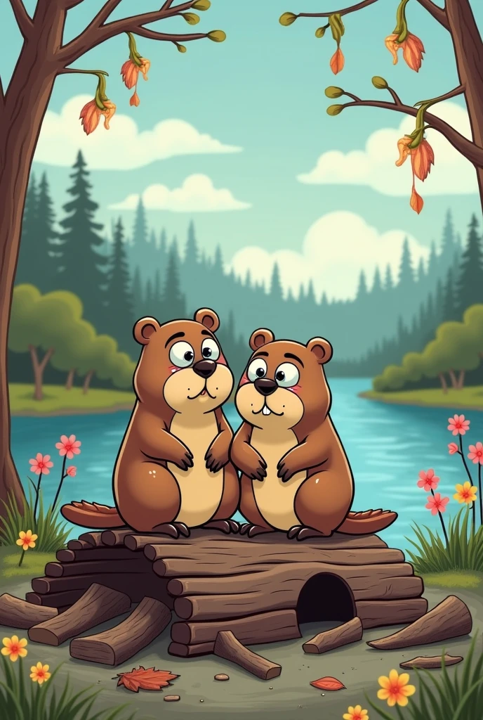 2 beavers very sad to see their house destroyed ,with cartoon drawing