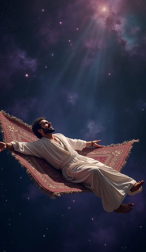 A man lying on a flying carpet in space with stars