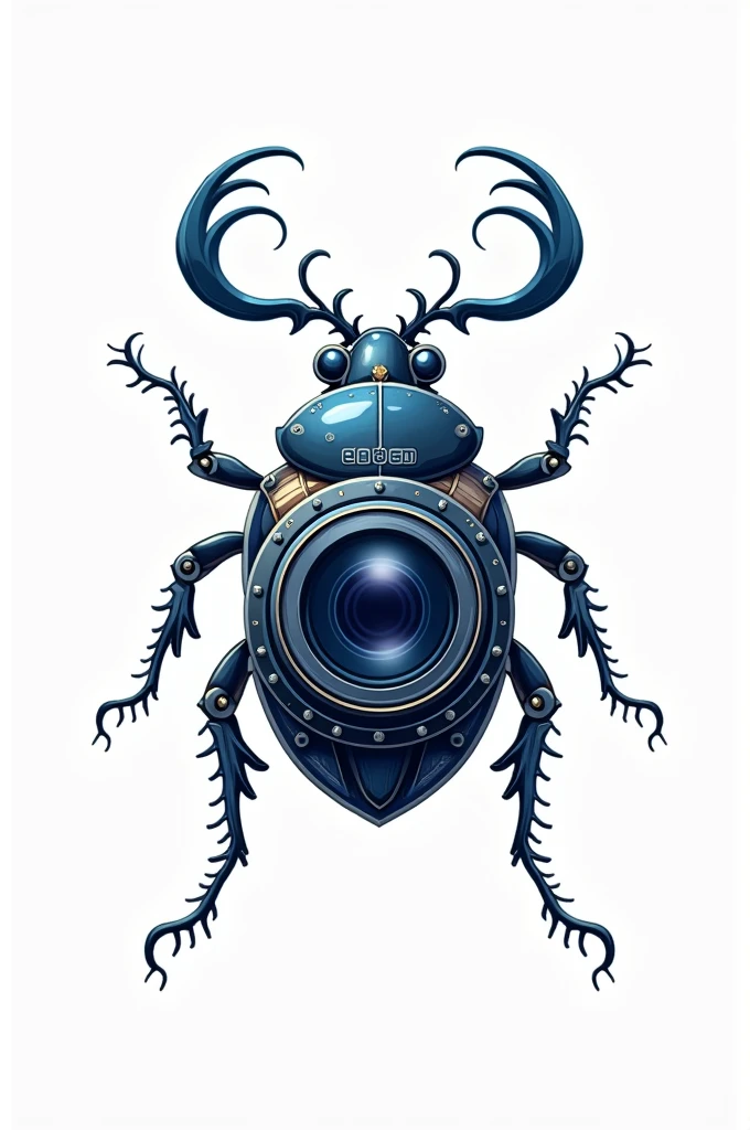 Generate a illustrator vector logo which contains a bug with mechanical body of camera and having lens at its back