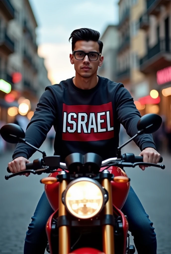 Someone with glasses and dark hair sitting on a Ducati and on his sweatshirt saying Israel 