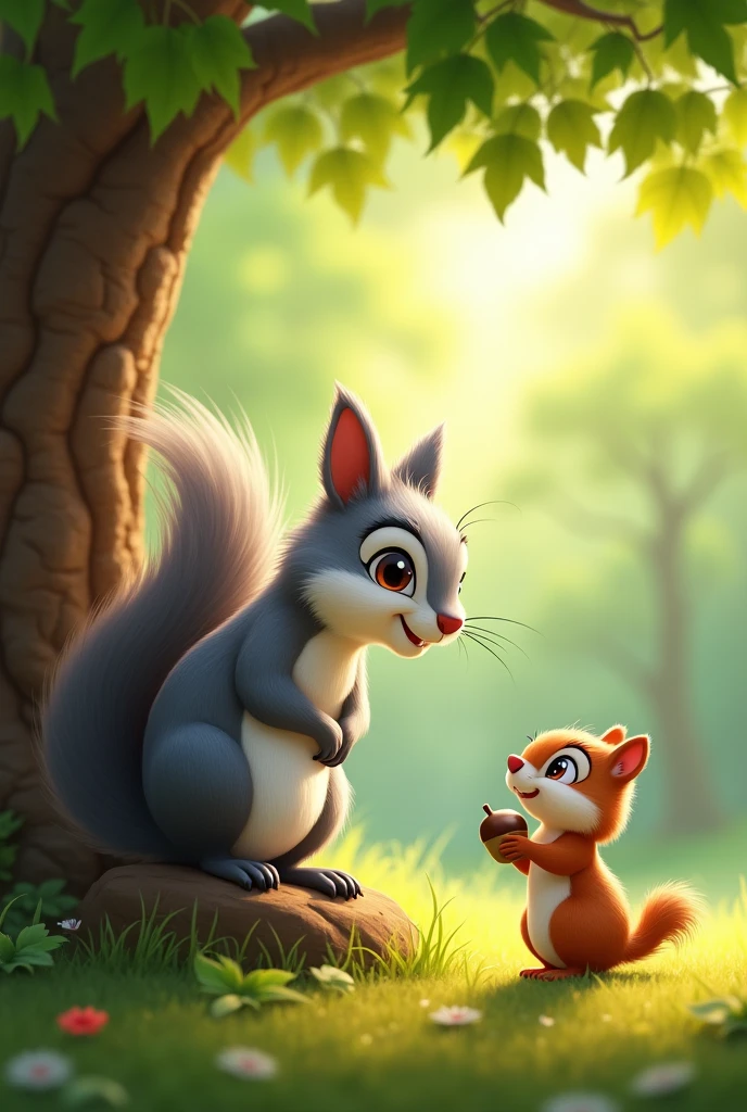 Cartoon anime 3D character of A wise-looking, gray squirrel sits on a tree branch above the chipmunk, speaking to him gently. The chipmunk looks up, listening intently with his small paws still resting on the acorn.