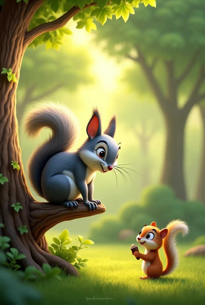 Cartoon anime 3D character of A wise-looking, gray squirrel sits on a tree branch above the chipmunk, speaking to him gently. The chipmunk looks up, listening intently with his small paws still resting on the acorn.