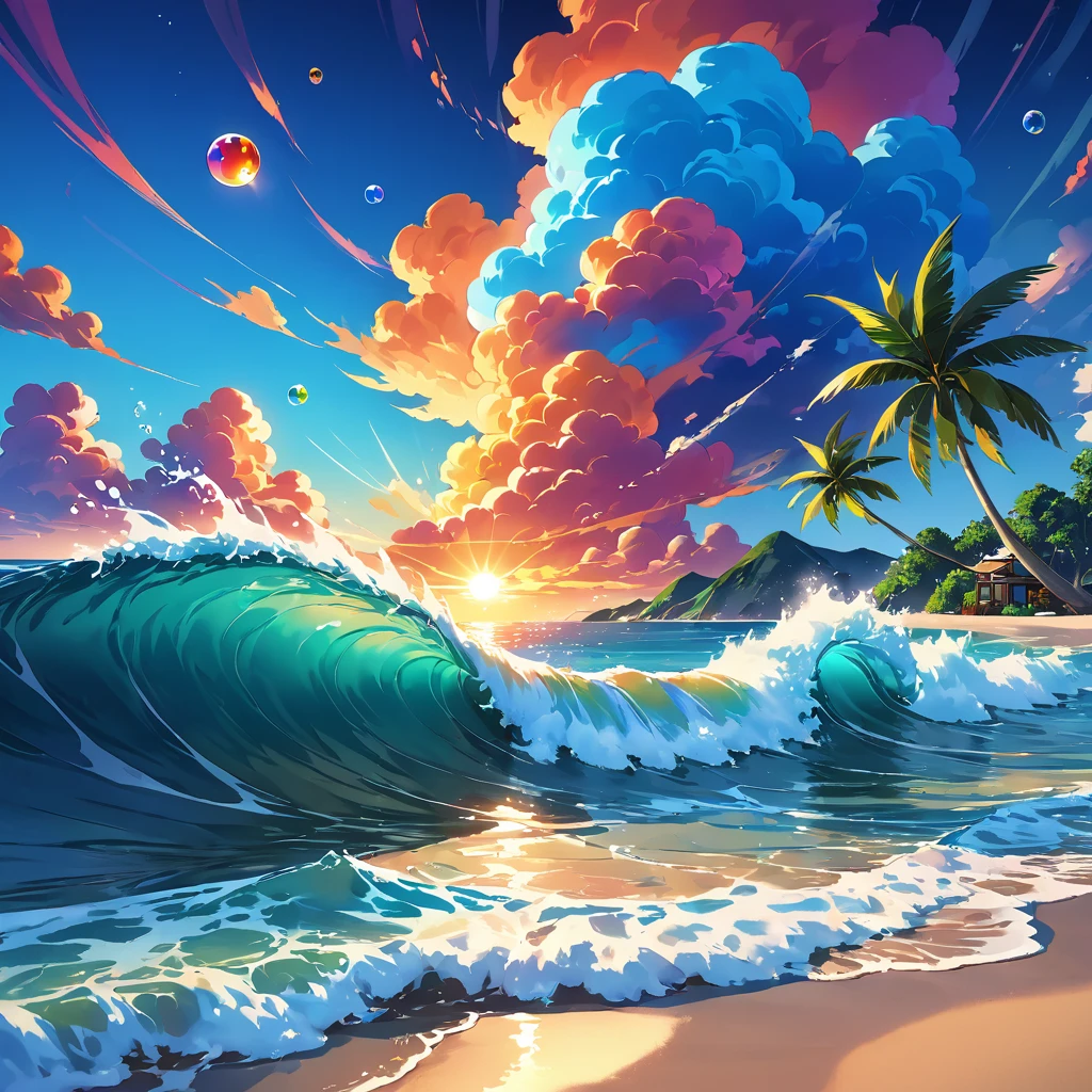 Colorful, sun rise, sea, stylized rendering, non-photo-realistic rendering, paint, volumetric cloud, small and natural wave with bubble, dream, Do not include tree and beach. colorful, colorful sky with a bright orange and blue nebula, twisted clouds, magic, (best quality,4k,8k,highres,masterpiece:1.2), ultra-detailed, studio lighting, ultra-fine painting, sharp focus, physically-based rendering, extreme detail description, professional, vivid colors, fantasy, Anime style, ImgFixerPre0.3