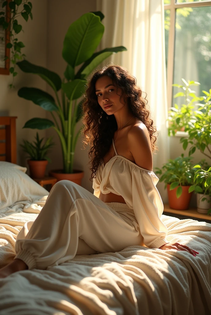 (photorealism:1.2), beautiful woman, sitting on bed, wearing loose off-shoulder top, pajama pants, long curly hair, indoors, soft lighting, plants in background, window with sunlight, cozy room, relaxed pose, realistic, intricate details, warm colors, by Greg Rutkowski, by Alphonse Mucha
