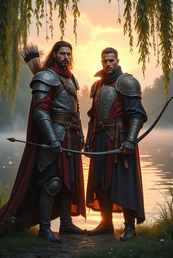 A fantasy book cover, two gentleman with bow and arrow, near the lake