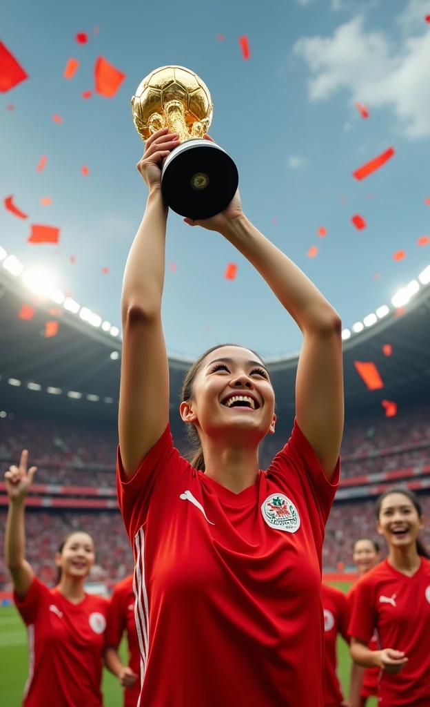 Chinese women's football,Beautiful facial features,White skin,Win the final,Celebrating with the World Cup in hand,Half-length photo,World Cup stadium as background