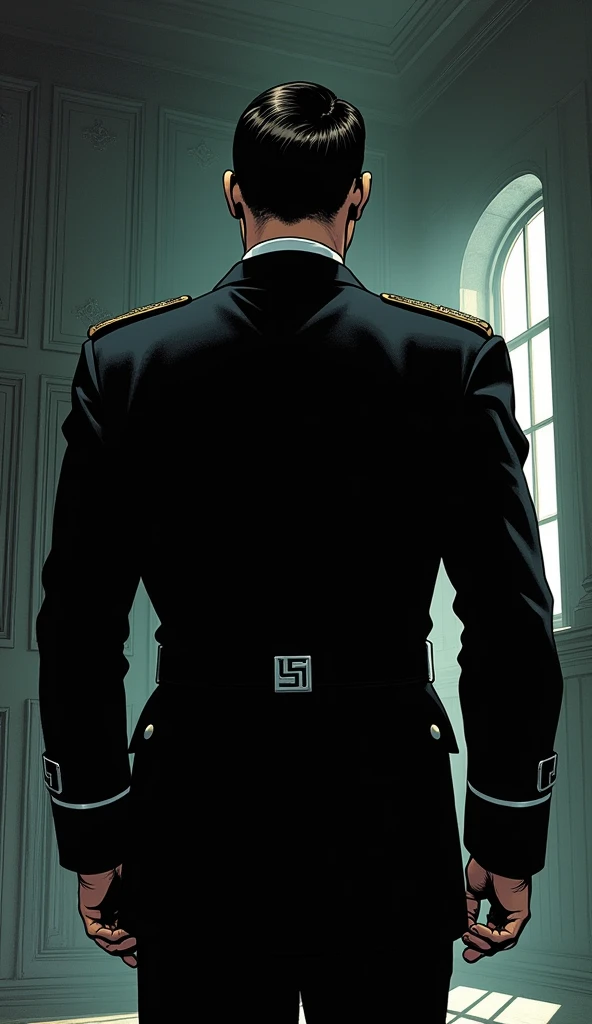 Image of a Nazi colonel from behind, with hair closing the window comic style
