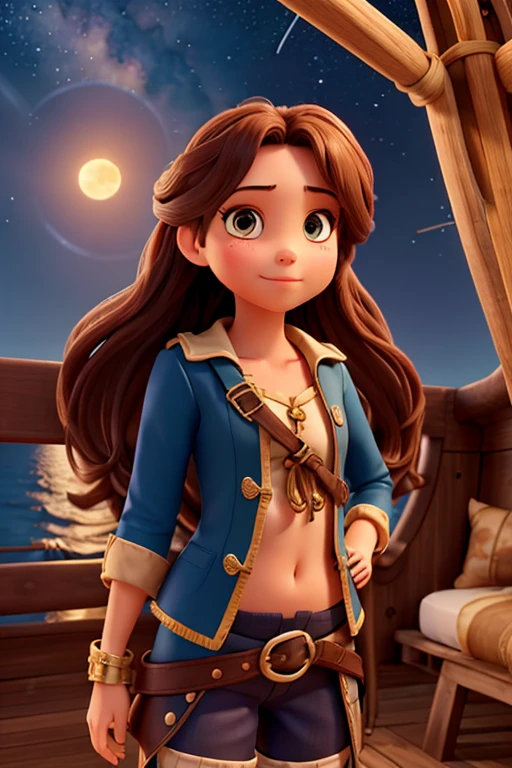 beautiful girls, , pirate outfit, , long hair , on a ship, starry sky in the afternoon, ao por do sol