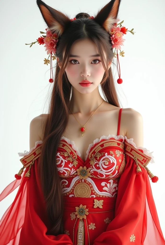 A stock photo of a beautiful model, with long brown 2 pigtails, wearing sexy chineses armor in red with flower, intricate white and gold details, off the shoulder. The character has a sexy, intense gaze, and head flower accesstories, fox ears. She view to the viewer, beautiful and charming expression. White background. Realistic, photorealistic. Full Body