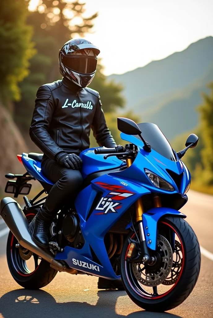 Blue suzuki gixxer naked type motorcycle with the name LyK and L_Carrillo in jacket