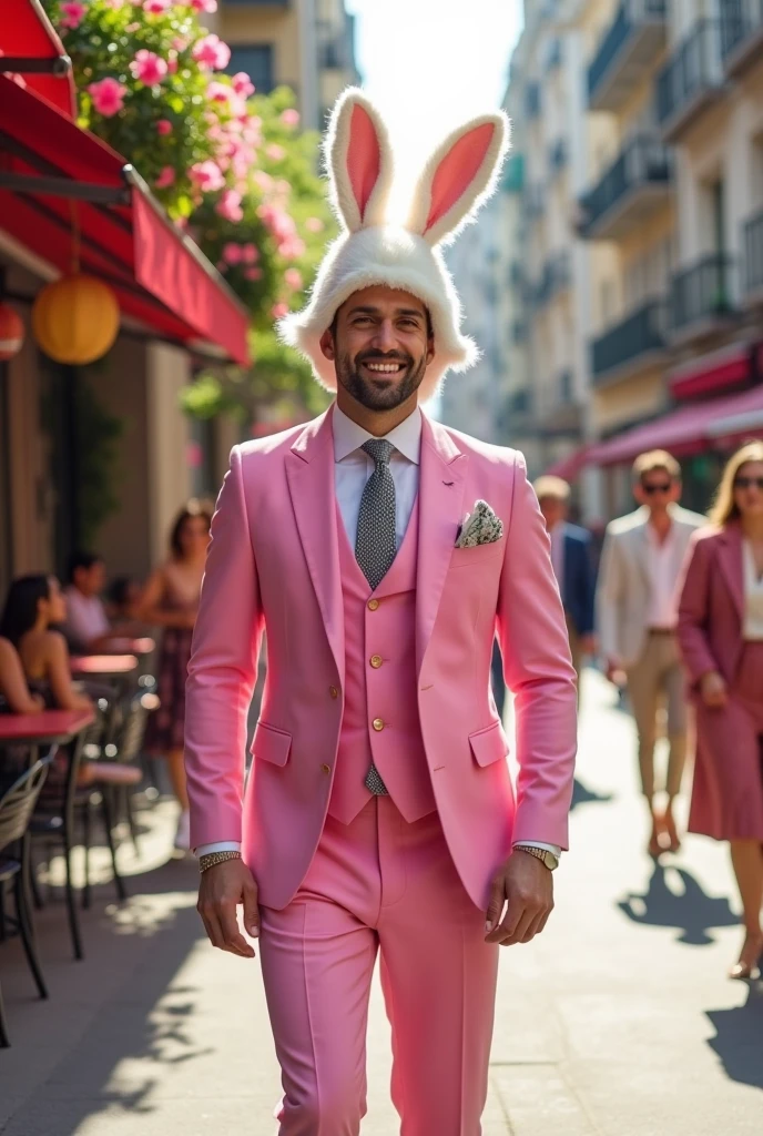 Man with 3piece pink suit with a fluffy bunny baklava hat