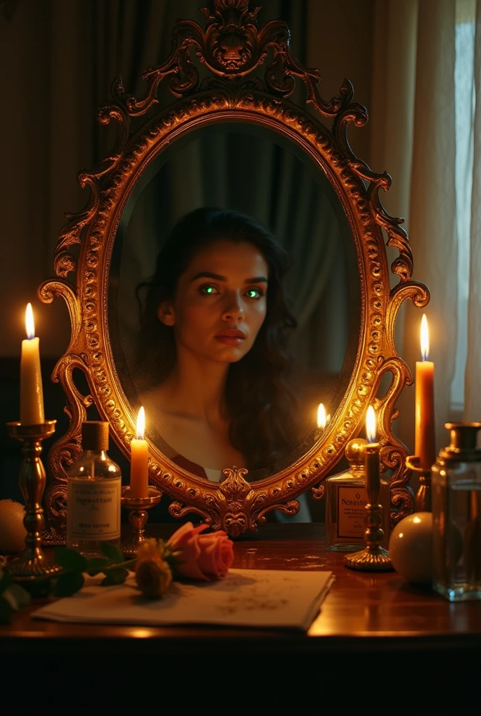 Ornate vanity mirror in a dimly lit dressing room, blurred reflection shows a beautiful woman with supernaturally glowing eyes, half-melted candles, vintage perfume bottles, a withered rose, shadows moving at the edges of the mirror, Remedios Varo style