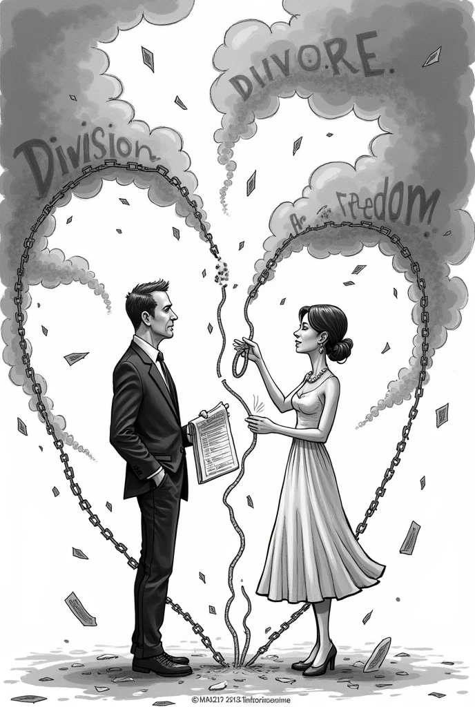 An editorial cartooning illustration that about divorce bill as a contemporary issue in the. A drawing of a husband and wife divorcing with their ruined marriage with words and symbolisms. Black an white