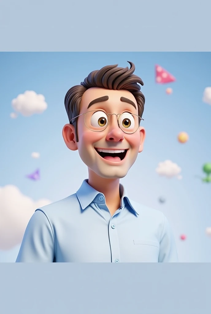 Cartoon character of a man blue shirt, 45 years old adult, an animated character, stylized character, animation style rendering, 3d stylized, Eyes wide open and eyebrows raised, mouth slightly open
