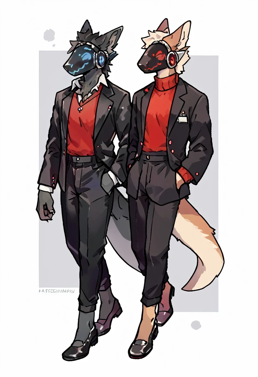 Dark chestnut brown furry protogen with a fire red sweater, Elegant black pants that cover up to the ankles, black dress shoes, Elegant black jacket and details on the black protogen visor in red