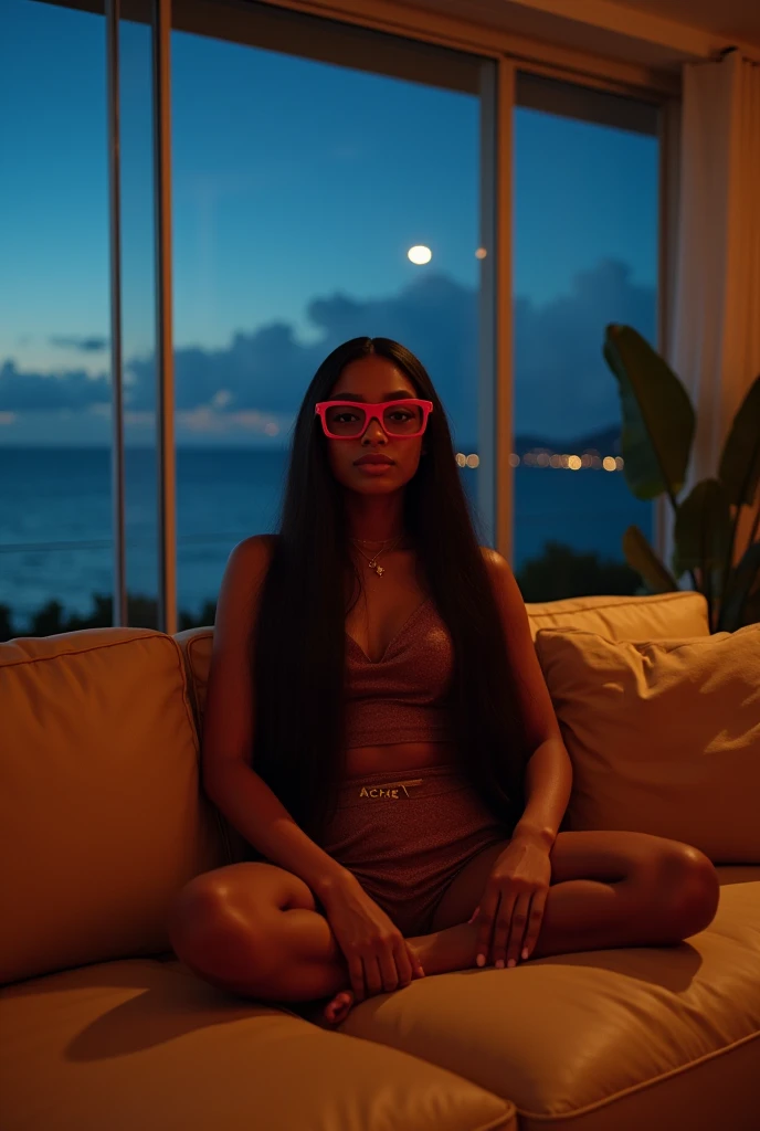 black girl, 19 ans, long black hair, red glasses, sitting in a large luxury modern living room, tan furniture, dark lighting, night, panoramic view of Hawaii out of the window, wearing acne studio