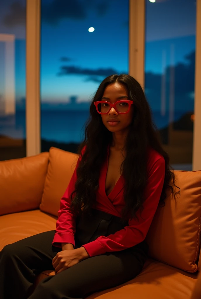 black girl, 19 ans, long black hair, red glasses, sitting in a large luxury modern living room, tan furniture, dark lighting, night, panoramic view of Hawaii out of the window, wearing acne studio