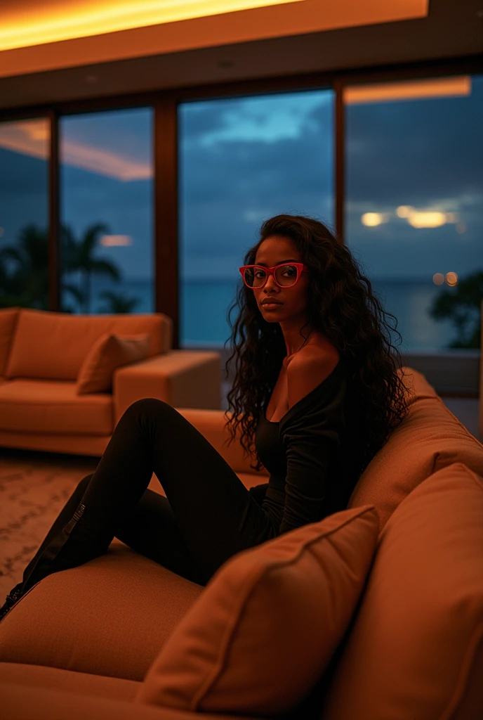 black girl, 19 ans, long black hair, red glasses, sitting in a large luxury modern living room, tan furniture, dark lighting, night, panoramic view of Hawaii out of the window, wearing acne studio