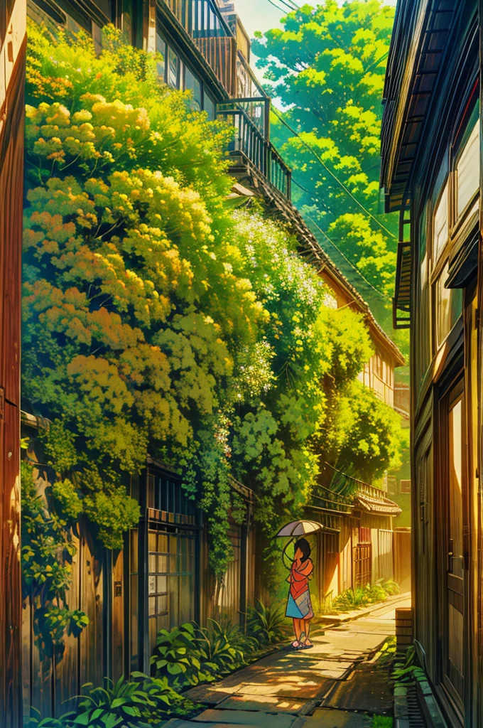 there is a street with a fence and a flowered tree, Bengali street, Bengali neighborhood, japan travel aesthetic, Bengali street, beautiful aesthetic, Bengali street, in a city street, beautiful and aesthetic, in the streets of bengal, day after raining, town alleyway,i, alley
