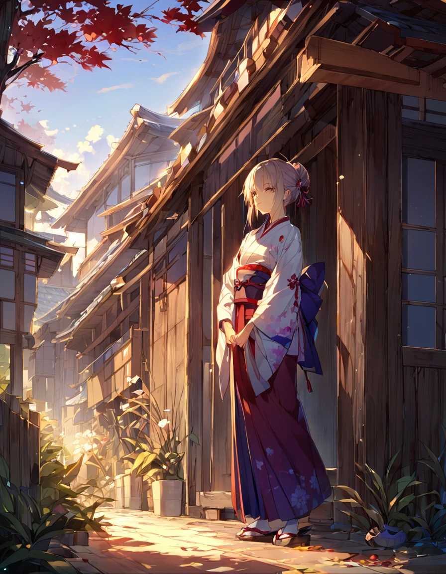 Young woman wearing Japanese clothing、early morning'Atmosphere of。長いblack髪にpurpleがかった色味、Tie a part loosely、残りteeth肩に流れ落ちる。Looking over the right shoulder、Only the left eye is visible in profile。Smooth skin like white porcelain、length, Narrow eyes、Small lips。A fleeting and mysterious atmosphere、A bit of a depressing mood。A beautiful white kimono with a floral pattern。blackい帯と襟、帯teeth大きな蝶結びで背中で結ばれている。着物にteethred、purple、pink、Delicately painted white floral pattern、Expressing with Gradient。length, Drag the hem、Expressing the texture and wrinkles in detail.。透け感のあるblackい羽織を肩にかけている。White flower hair ornament、桜やplumの花をイメージ。circular composition、Place it against the background of a full moon。背景teethdark blueから白へのグラデーション、The impression of the night sky turning into morning。Silhouettes of flowers and plants are scattered throughout the background.、Expressing the appearance of dancing in the wind。Put a dark color on the left、Put a lighter color on the right、Representing the balance of yin and yang。Mainly white、black、dark blue、red、purpleのコントラスト。着物の花柄に使用される色teeth、淡い色から濃い色までExpressing with Gradient。背景の花のシルエットteeth白や薄い青で表現し、Create a great atmosphere。Based on Japanese anime and manga style illustrations、A fusion of delicate line drawings and watercolor-like gradations。Detailed depiction of petals and leaves、特に着物の模様teeth極めて精緻。キャラクターの輪郭線teeth細く、Blur the boundary between the subject and the background。Expressing the movement of petals dancing in the wind、Pay particular attention to how the pieces scatter around the outside of the circle.。Gives effect to character expressions'outline blends into the background、Especially the hair and the hem of the kimono.。Soft light created by moonlight、Give a soft light effect along the character'outline。A fusion of Japanese fantasy and modern illustration techniques。Mysterious and ephemeral atmosphere、A contrast of majestic strength。Before dawn、Darkness and light、Expressing the duality of strength and elegance。季節感としてteeth春の終わりから初夏を想起させる。Varying line thickness and shading、For a sharp finish。Kimono pattern and background flowers々々teeth、Create subtle details with the Brush tool。Adjust the contrast between the character and the background、To highlight the main character。Keep the overall color scheme consistent、For a harmonious look。着物の裾からredい花びらが散り、Spread across the ground。背景の植物teeth桜、plum、Focus on wisteria flowers、Representing seasonal changes。キャラクターの立ち姿teeth凛として美しく、the spine is straight。The moonlight reflects off the fabric of the kimono、Creates a subtle sheen。
