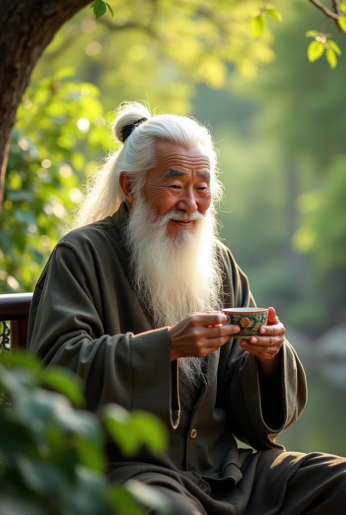Chinese feng shui master, kind face, white hair, cheerful, drinking tea,
Looking straight ahead, behind is a cozy scene of green trees