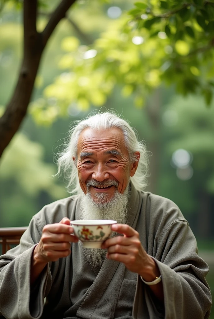 Chinese feng shui master, kind face, white hair, cheerful, drinking tea,
Looking straight ahead, behind is a cozy scene of green trees