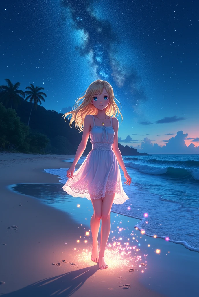 (masterpiece、Highest quality、8k、High resolution)、(The best beautiful girl)、Best Style、(The most beautiful face)、Clear skin、Clean blue eyes、Beautiful lips、smile、Beautiful white upper teeth、Beautiful nose、Blonde Hair、Ample breasts、Walking on the sand、look back、Ocean、You can see the forest、A bright night with stars visible、Beautiful starry sky、milky way、(体whole bodyから神秘的な光の粒子、Colorful Light)、(jewelry、necklace)、dress、(whole body)、Highly detailed anime art、A complete portrayal、