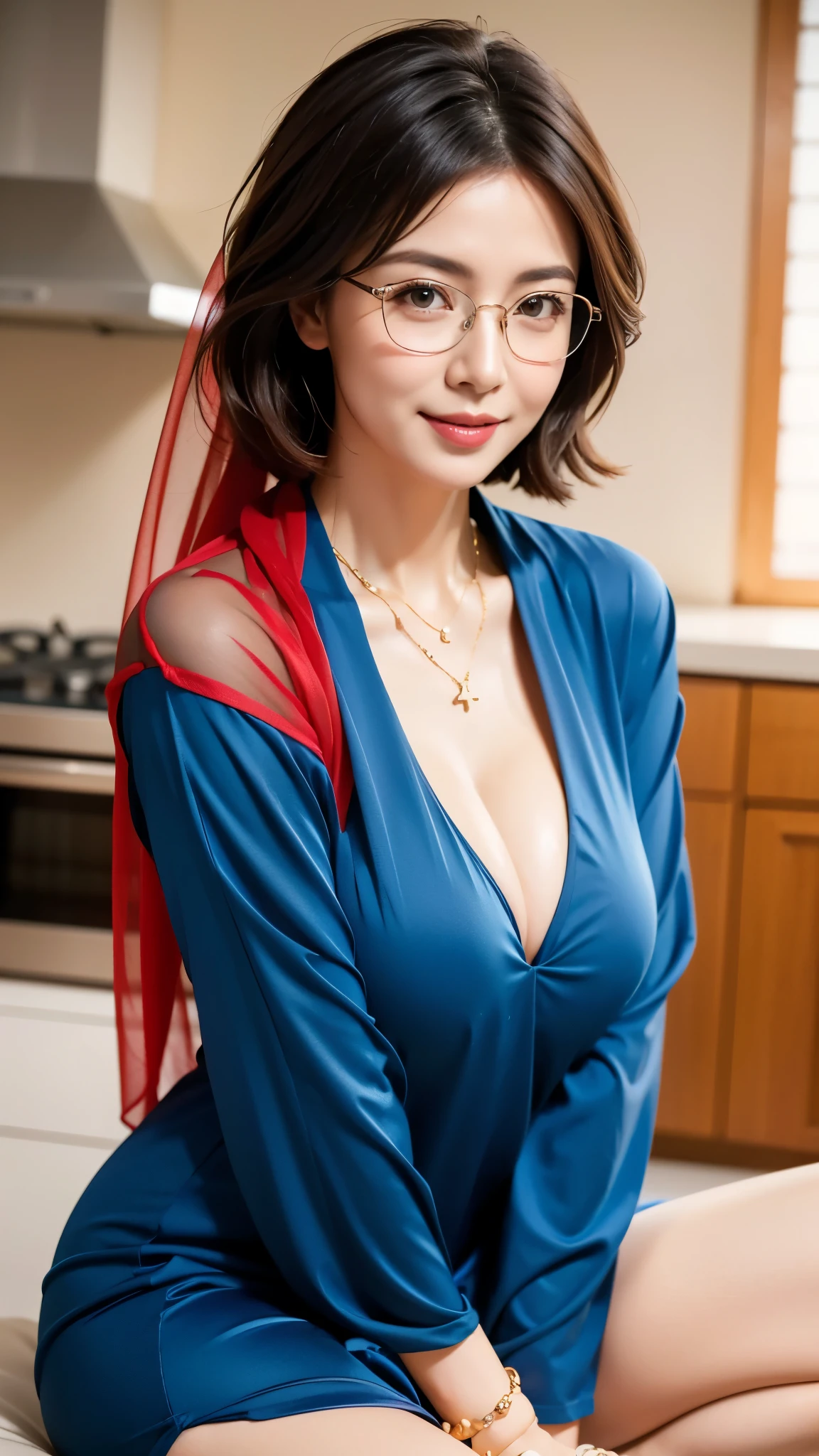 Professional, High level of detail, close up photo (attractive mature 45yo woman:1.3),ray tracing, natural lighting, (blushing:1.1 ), (classy, elegant, dandy)1.2, (red colour), (((round breast))), ( breast covered) perfect face, (((medium breast,))), blue long satin dress, necklace, (((glasses, covered, long veil))), Slim Face,(mature) , Pretty Lady,  smile eyes, (big breast covered) , see full image, bracelet, (cross-legged in kitchen)