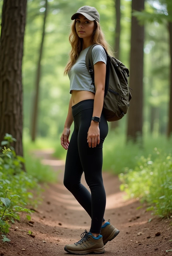 young  25ish woman, heather Gray cropped t-shirt tight top cut to show cleavage of her small breasts, hiking shoes, tight black leggings muddy below knees, backpack, baseball cap, thigh gap, southern pine forest with pine needles on the ground. 