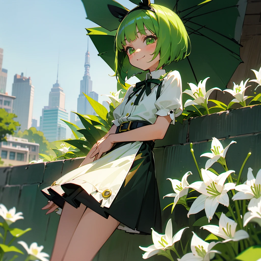 Green rabbit ears, green animal ears, a girl, bob cut, green hair, green eyes, look young, alone, short,  tiny,Lolita, childhood,smile, White Lily blouse, mini skirt, hairband, belt, ribbon, kawaii, cute, 10-year-old, baby face, face, 1900 age, City,