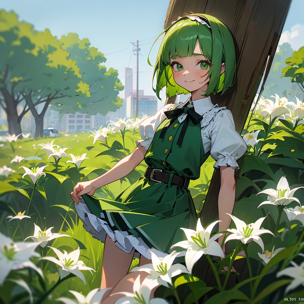 Green rabbit ears, green animal ears, a girl, bob cut, green hair, green eyes, look young, alone, short, tiny,Lolita, childhood,smile, White Lily blouse, mini skirt, hairband, belt, ribbon, kawaii, cute, -yeld, b face900 age, City,