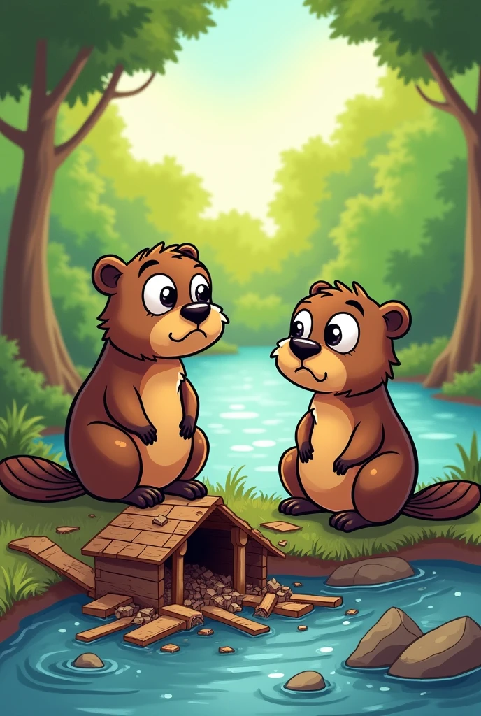 2 beavers sad to see their house smashed to pieces ,with cartoon drawing