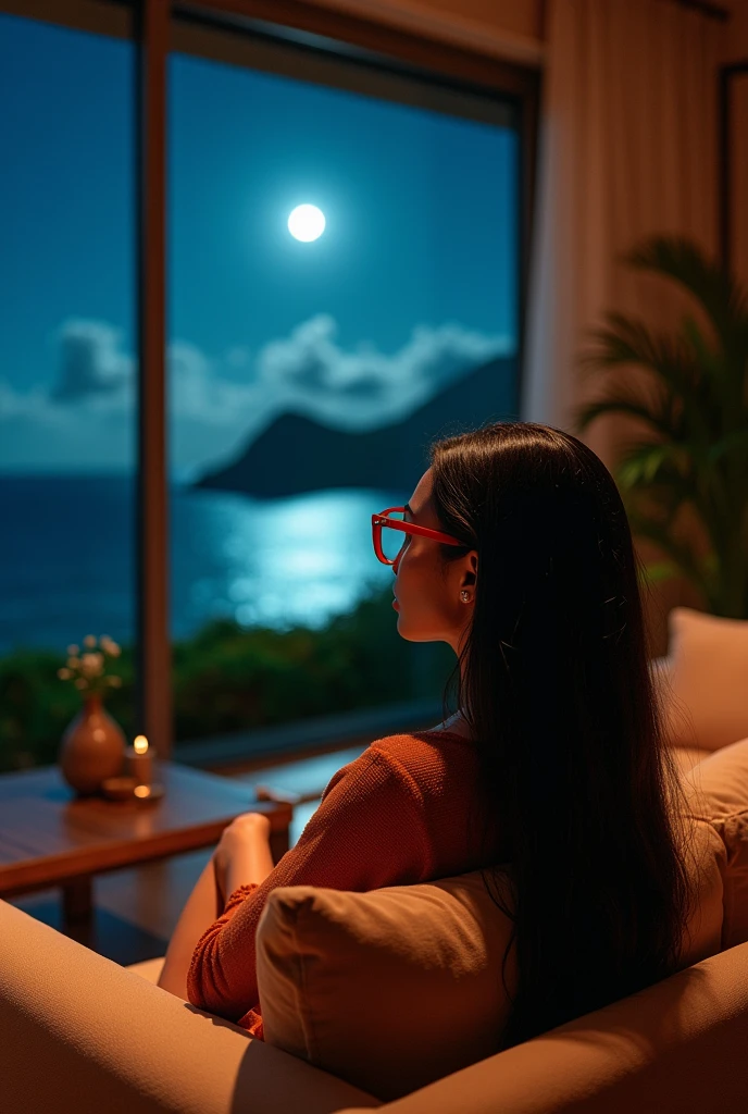 african girl, 19 ans, long black hair, red glasses, sitting in a large luxury modern living room, tan furniture, dark lighting, night, panoramic view of Hawaii out of the window