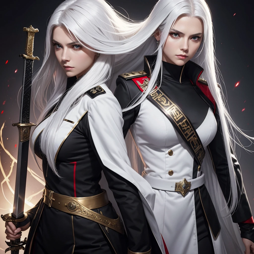 Beautiful Chiss lady, White hair, length hair,Breast size, black red uniform, rock, Lead the Belt, serious look, Sword, good quality, light background, golden discreet rank insignia, V-neck, sexly,