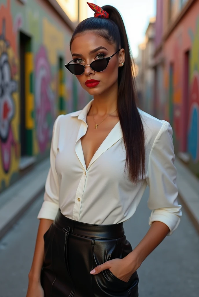 Instagram influencer model latina, straight dark brown hair, ponytail tied with a handkerchief , sunglasses, full red plump lips, blue eyes, Leather skirt and white shirt. High heels. Slender. Intricate details, super realistic, 30 years old, texture skin, perfects hands five fingers on each hand, FHD, exquisite detailed --ar 9:16