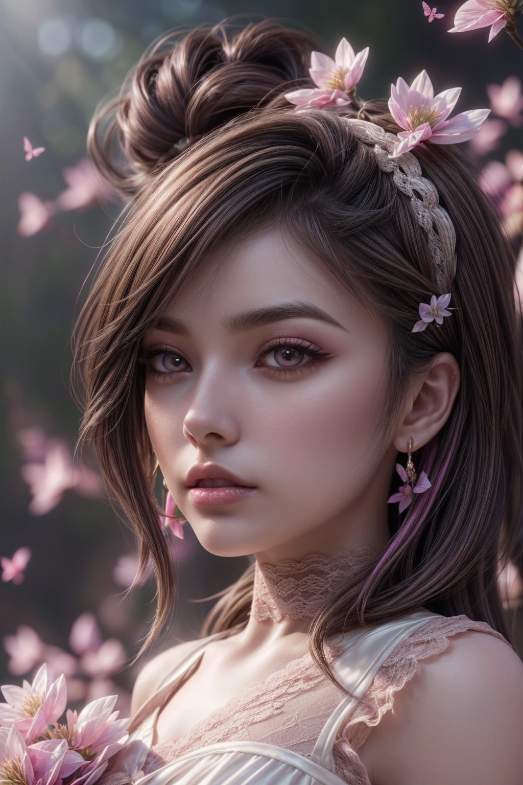 (CG unity 8k wallpaper extremely detailed) (better quality) (better lighting) (an extremely delicate and beautiful) (floating) (beautiful) (spring atmosphere) (1girl) (long pink hair), (hair headband), ((very short white dress, pink lace underside), (lace), ((light transparent silk))), (cherry blossom petals), (butterflies), (dof), (volumetric light) cinematic lighting, chromatic aberration, Sony FE GM, textured skin, high details, highres, 8k, (photorealistic Realism 16K Quality), ultra-detailed, UHD, (ultra absurd quality, extremely detailed detail, hyper resolution, clear sharp focus, not blurry, Realistic brown_eyes:1.35), (perfect dark_eyeshadows),
