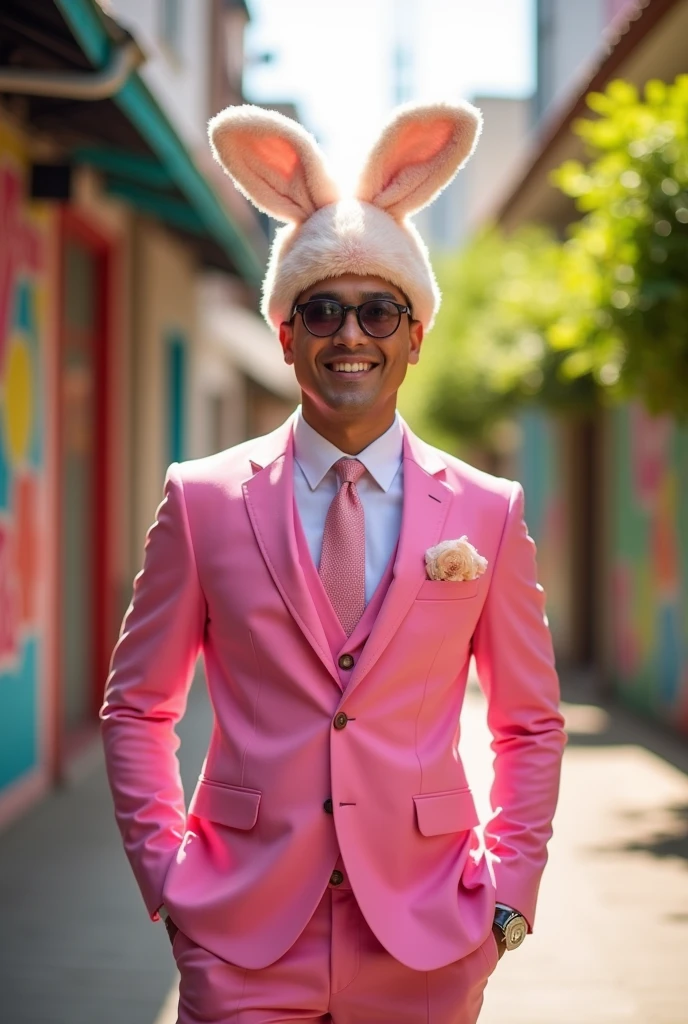 Filipino Man with 3-piece pink suit with a fluffy bunny baklava hat, full body