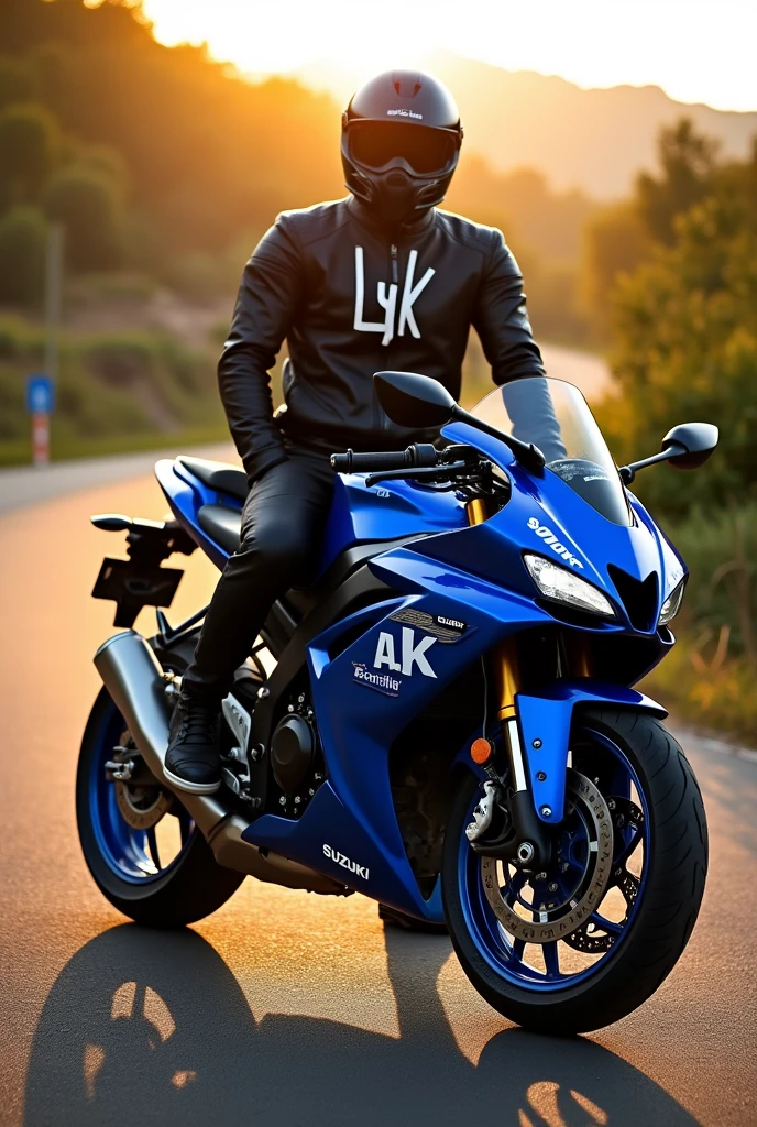 Blue suzuki gixxer naked type motorcycle with the name LyK and L_Carrillo in jacket
