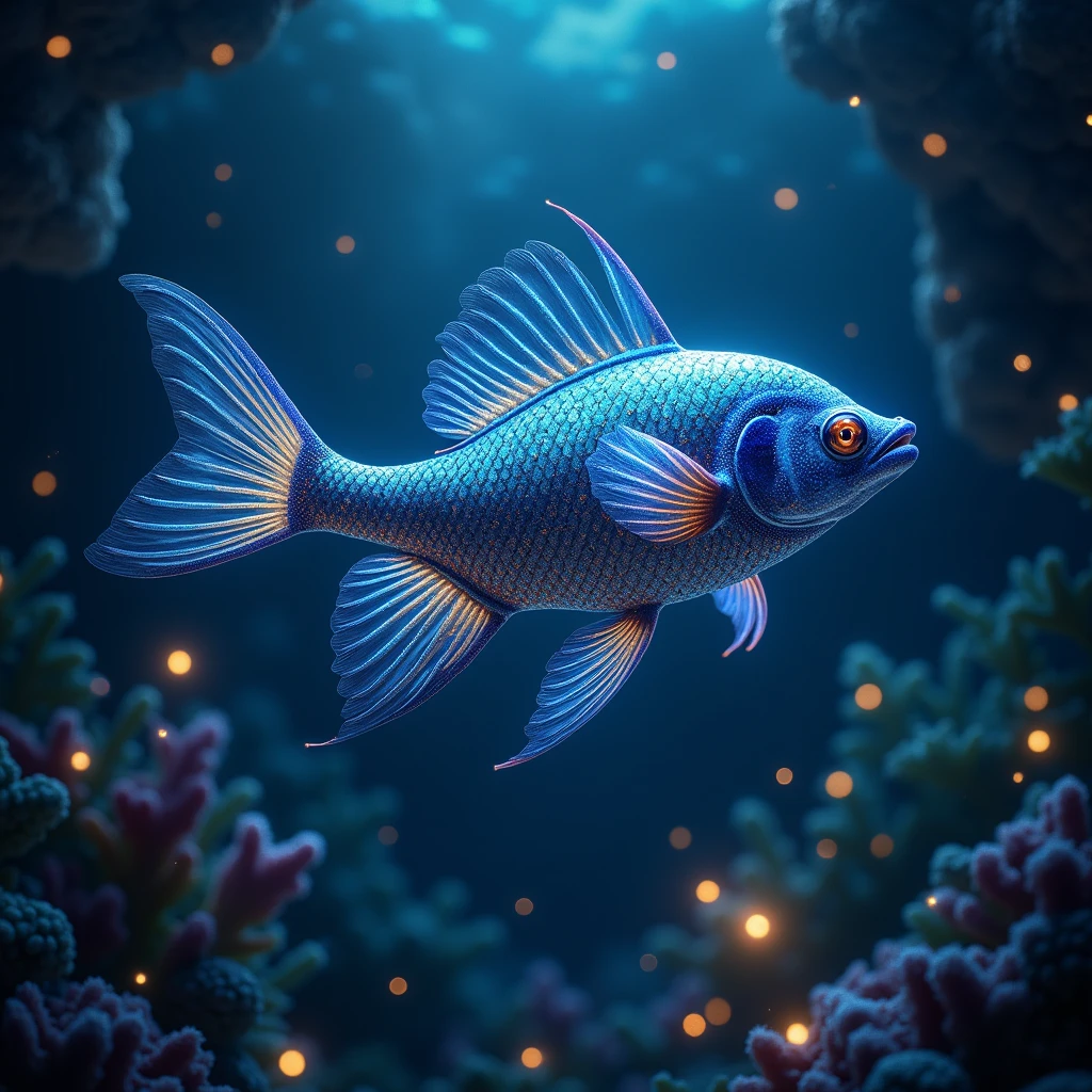 a fish swimming in a sea of stars, fantasy, detailed fish scales, vibrant colors, bioluminescent underwater, magical atmosphere, ethereal light, dramatic composition, cinematic lighting, hyper realistic, 8k, high quality, photorealistic