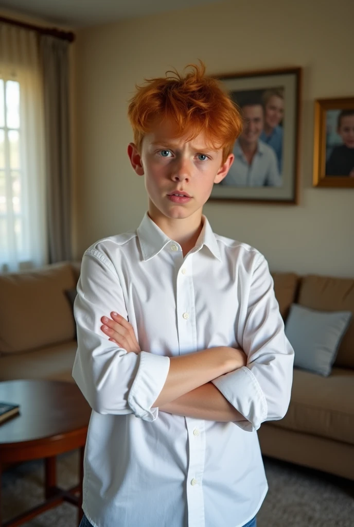 Anime a  boy with red hair blue eyes and white shirt and angry face and standing with his arms crossed in the living room of the house