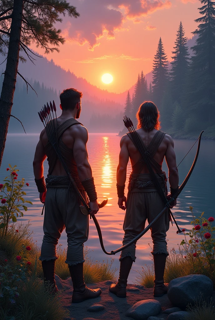 A fantasy book cover,  two man with bow and arrow, near the lake wearing only Simple clothes 