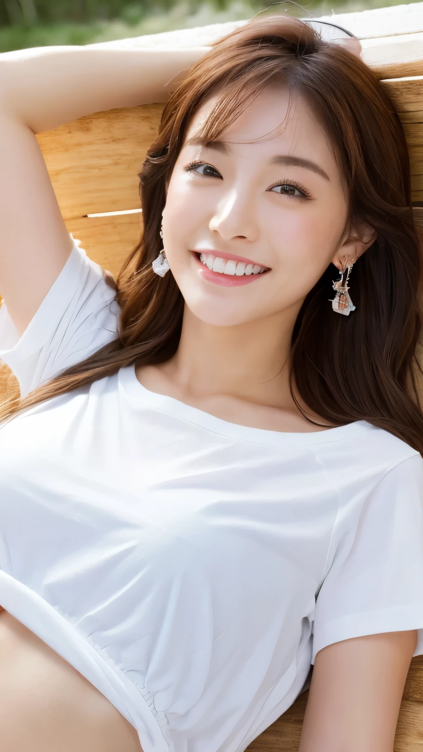 (Vibrant, High resolution:1.3), 1. Have a perfect body, Highly detailed face and eyes,Long Hair, big ,(White short T-shirt、String,,,Brown Skin、Have sunburn marks、 Sexy pose),Grin, Top shot of a woman lying on her back